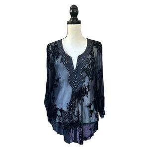 Hale Bob Black Velvet Burnout Beaded Tunic Top Silk Blend Whimsigoth Boho Large